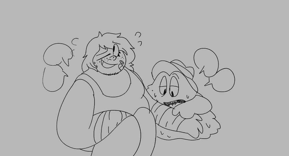 Another drawing of Margarita sitting on the ground and getting her scratches treated by Vigilante while they are both chatting.