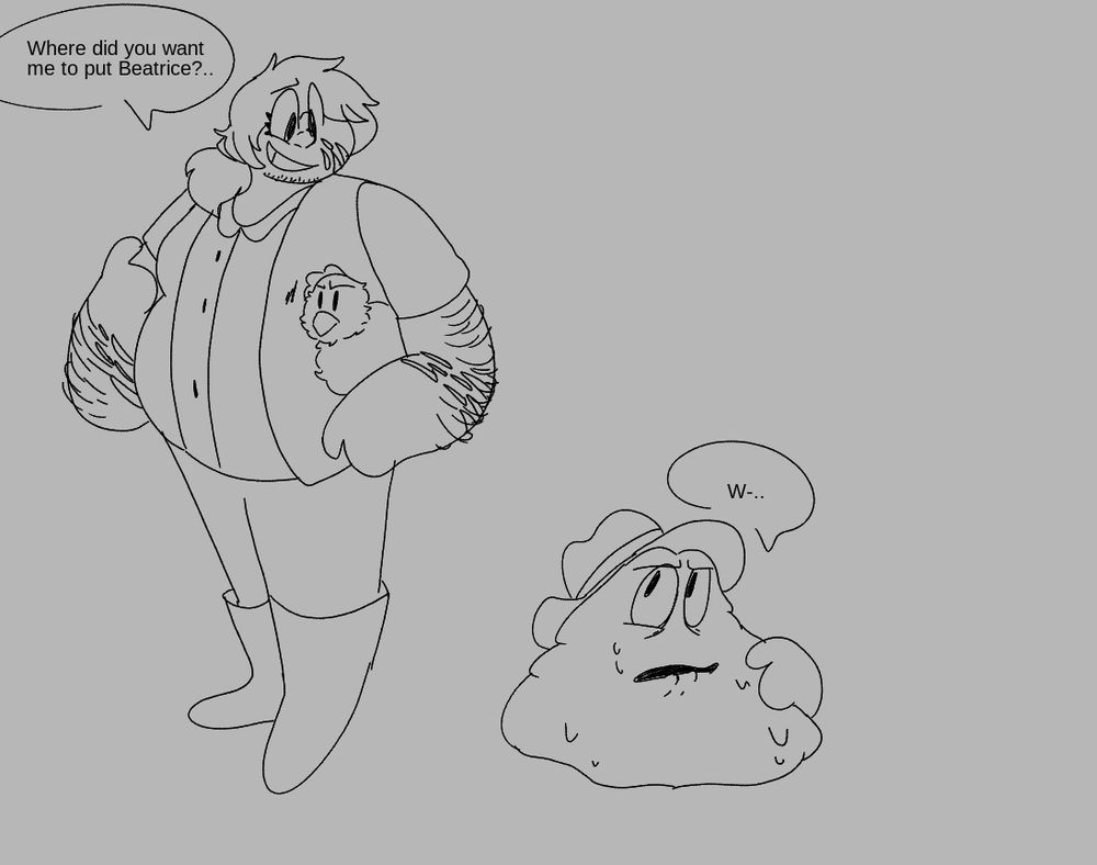 A drawing of Margarita holding a chicken, standing beside of Vigilante asking him "Where did you want me to put Beatrice?" While Vigilante looks concerned about the scratch marks on her arms while saying "w-"