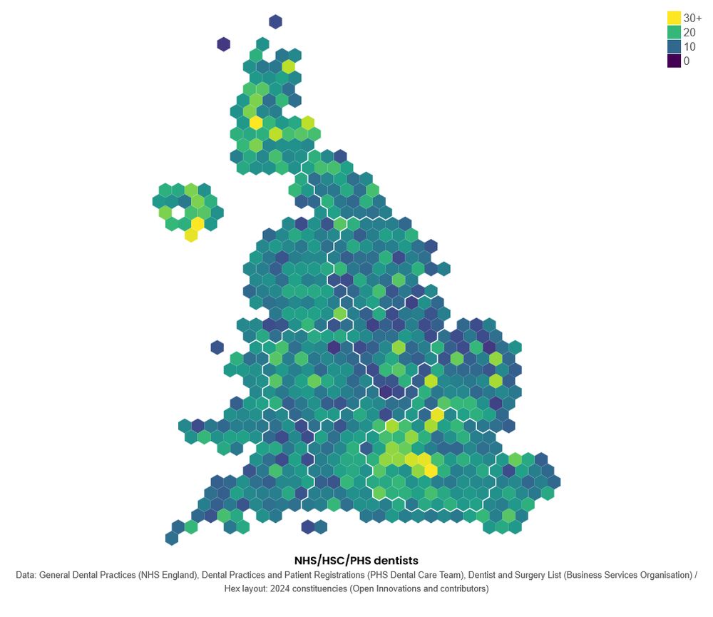 A hex cartogram of UK constituencies coloured by the number of NHS (or Public Health Scotland, or Health Social Care Northern Ireland) dentists. The colour scale goes from 0 to 30+. Parts of central and north west London, Northern Ireland, and Scotland have more dentists per constituency. The Cities of London and Westminster have 36 NHS dentists, Glasgow North has 33, Belfast South and Mid Down has 31. Stoke-on-Trent South, South Northamptonshir, and South Norfolk only have 5 dentists.