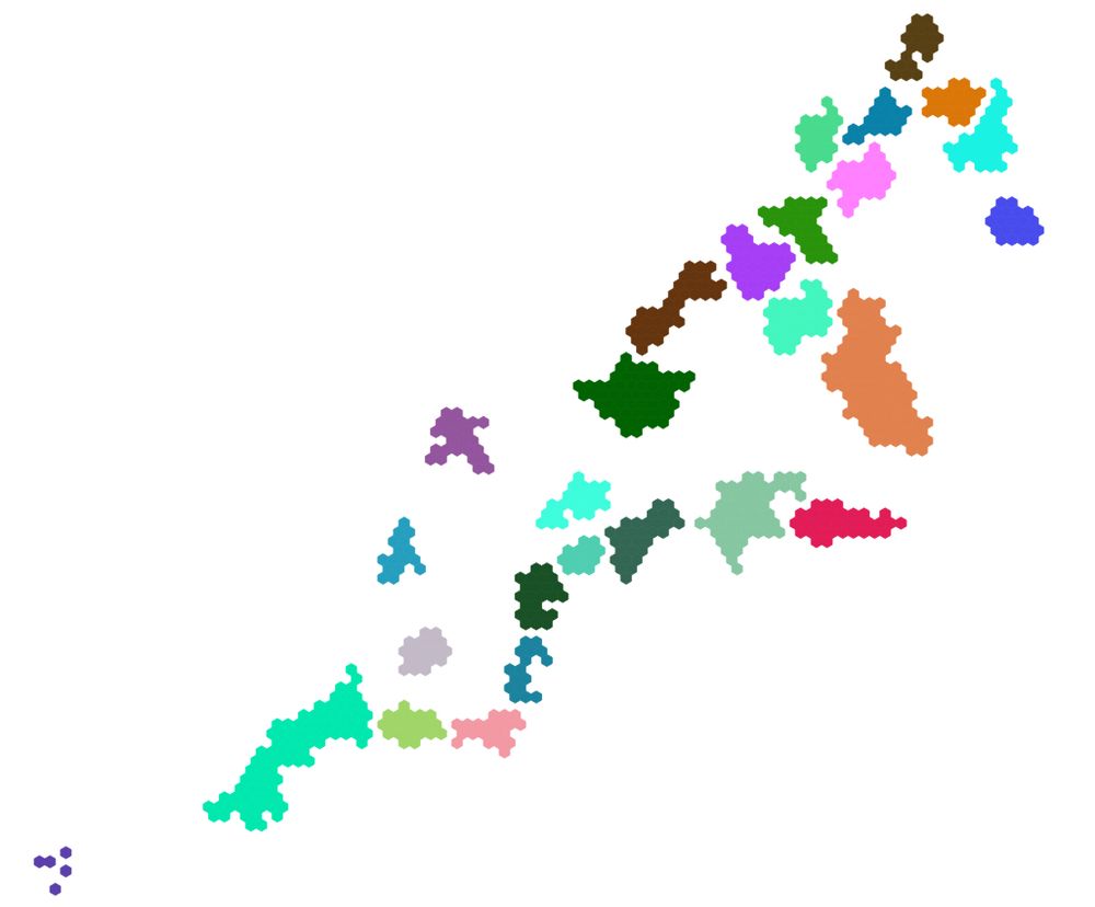 A hex layout of wards in the south west of England. Wards within a local authority are kept together with gaps between authorities.