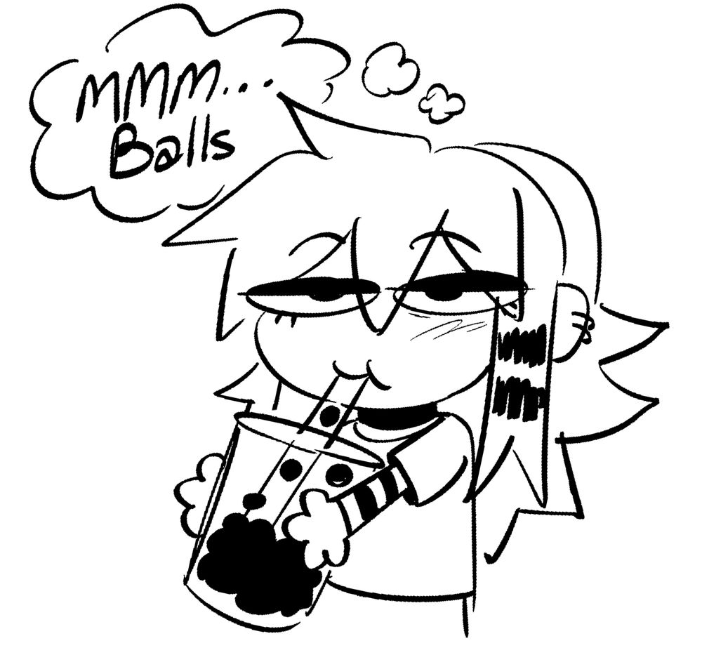 Ivory drinking boba tea while thinking about balls