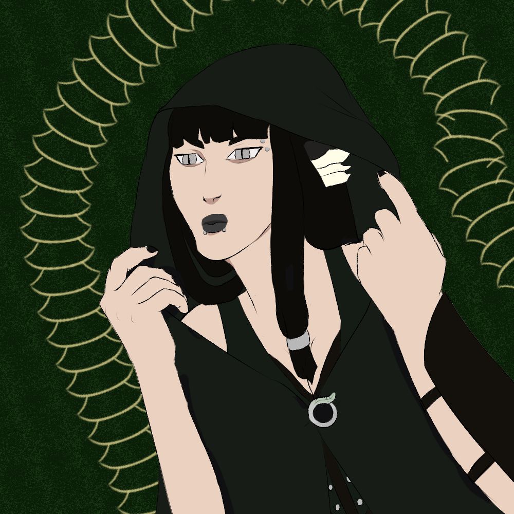 Kathesia, a light skinned woman with long straight black hair, she has a dark green cloak on with the hood up, a silver brooch that is a ring with a leaf on top. She is holding her hood open. She has black lipstick on. Snake bite piercings and an eye brow piercing. The background is dark green with a golden snake scale pattern running around it.