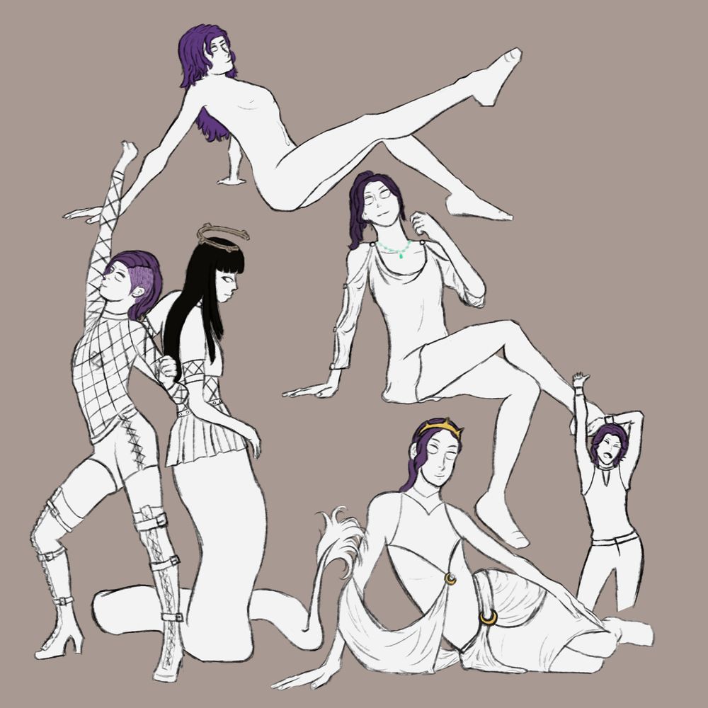 A number of black and white sketches on a beige background. Each about a feminine purple haired man in various different pieces of clothing, hairstyle and poses. One is him naked with long hair. One in thigh high boots, booty shorts, fishnet top, with a side cut dancing with a black haired lamia girl in a croptop and skirt. One is him sitting legs crossed in a short dress. One is him stretching in business casual shirt and pants. Another him laying down in a fancy dress with a white sash curling around him.