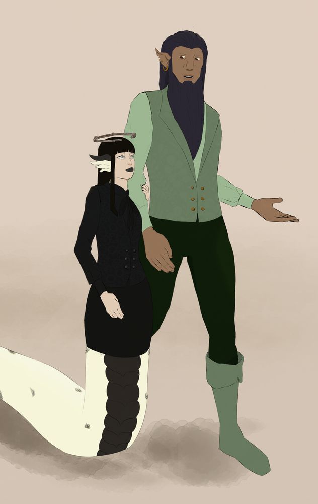 A lamia in a back skirt and black sleaveless suit walking hand in arm with a furbolg wearing the same outfit just in various greens and pants.