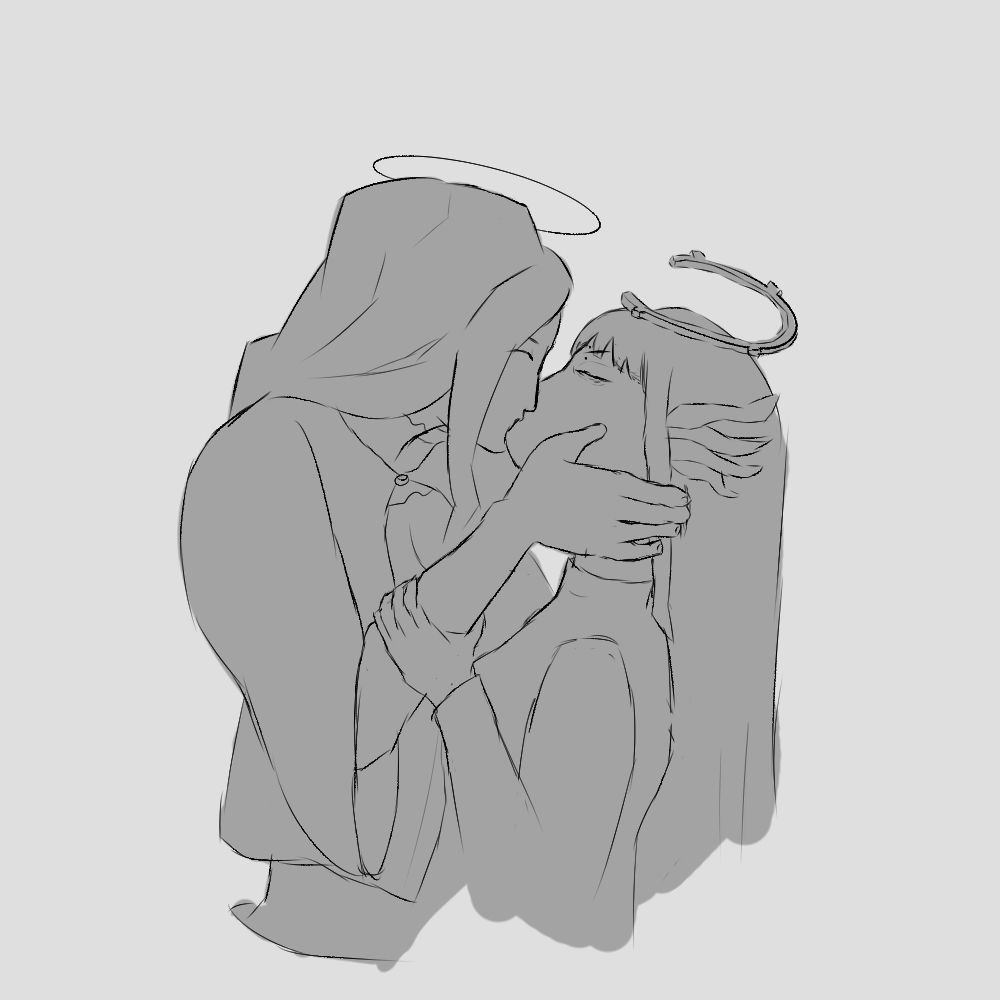 A sketch of two women passionately kissing