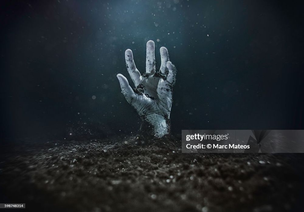 Zombie hand emerging from the ground 
