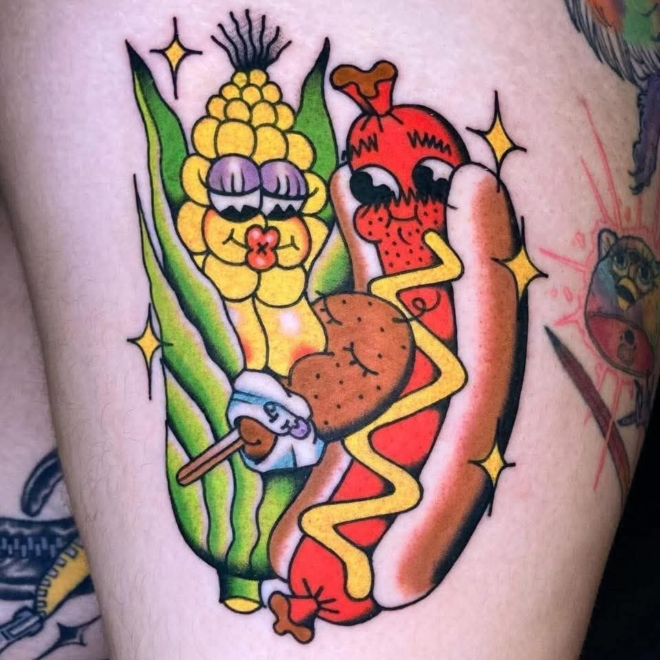 Corn momma getting her milker sucked by a corndog baby while hot dog dad looks on in pride 