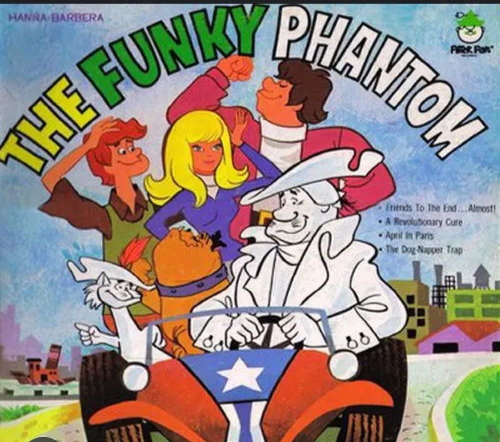 An ad for the 1970s cartoon The Funky Phantom. Three groovy teens and the ghosts of a revolutionary war soldier and a cat are crammed into a red, white and blue dune buggy.