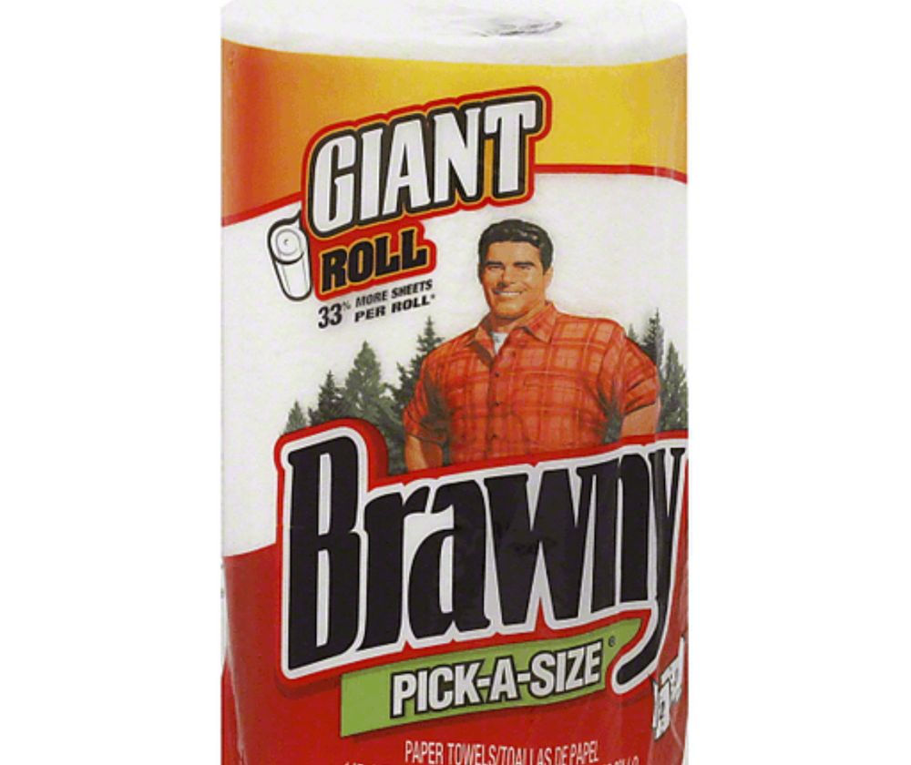 Picture of Brawny paper towels which features a buff dude in a plaid shirt and pine trees.