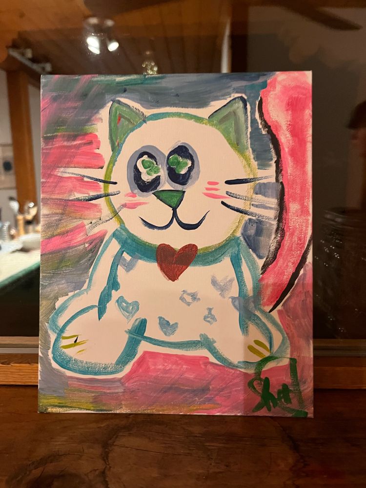 Painting of a white cat on a pink and blue background with a heart collar.