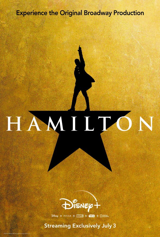 Image of a promotional poster for the original Broadway production of "Hamilton."

The background transitions from light gold at the top to darker gold at the bottom.

In the center is a large black star with the silhouette of a person standing on top of it, pointing upwards.

Upon the star, written in large white letters, is the name "HAMILTON".

Above the star, there's text that reads "Experience the Original Broadway Production" in smaller black font.

At the bottom of the poster is the Disney+ logo with additional text stating "Streaming Exclusively July 3".