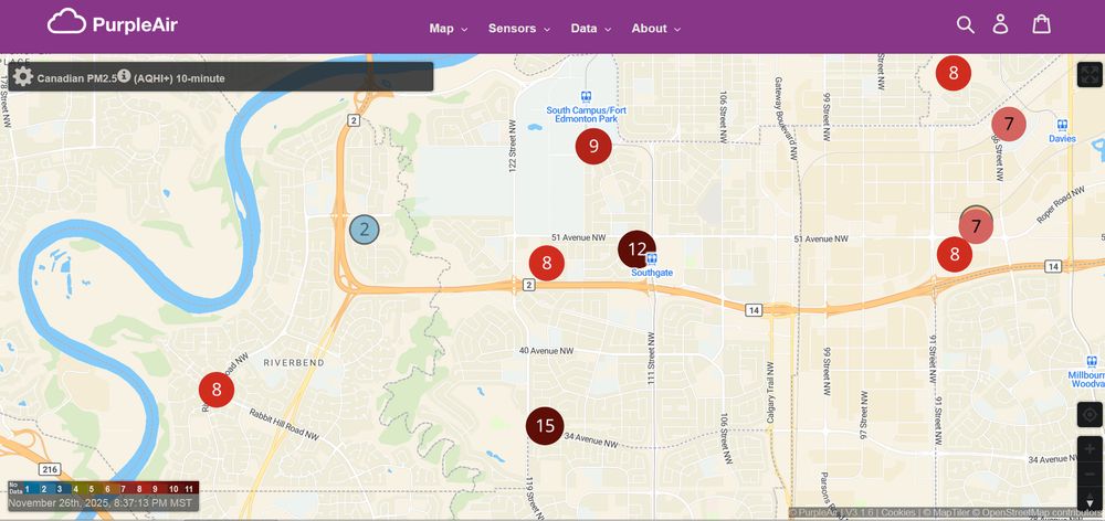 Canadian PM2.5 AQHI map from PurpleAir. 12 and 15 are the closest readings to me.