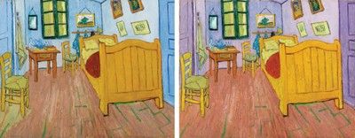 Bedroom at Arles now (left) and when it was painted. The delicate purples on walls and even brown wooden floor have changed