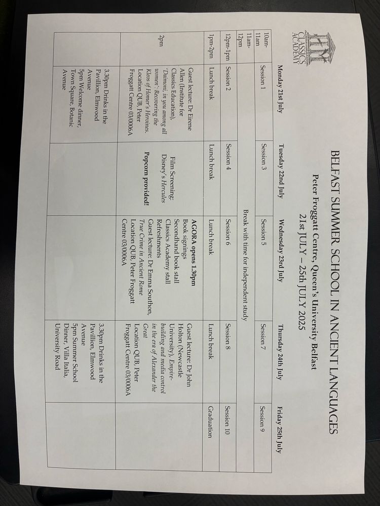 My course schedule - two sessions daily along with two guest lectures (and a film for fun).