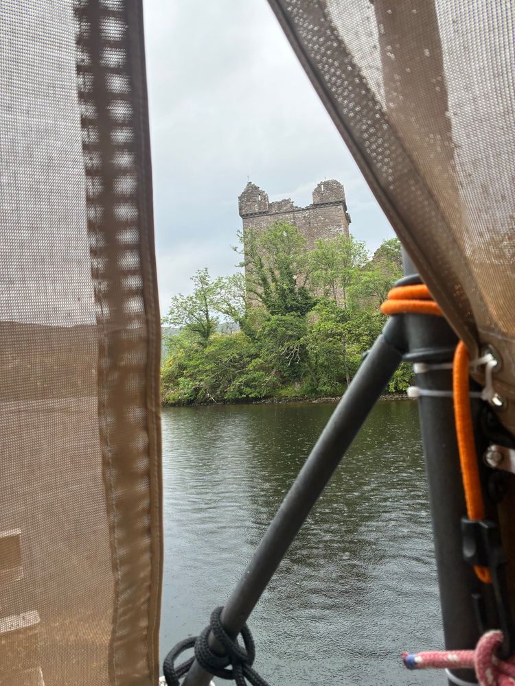 My anchorage for tonight. The keep, called Grant Tower, of Urquhart Castle is just 200ft astern. There are some shrubs in front, on the shoreline 180ft distant.