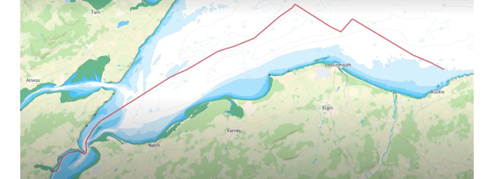 My route today, from Findochty to Munlochy. The hard angled turns near the beginning are gybes, as I much prefer broad reaches to running right before the wind. This is 51nm.