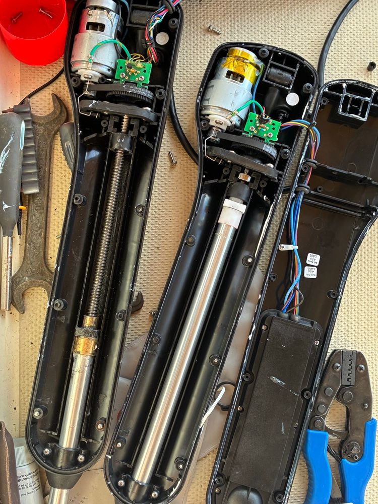 Old (left) and new tiller pilots. About to transplant and wire in the new one’s motor to the old one.

Their internal design appears nearly identical. The feature differences come down to software and which data wires are led out only! Tempted to take the new one and try to dump + spelunk the embedded software.