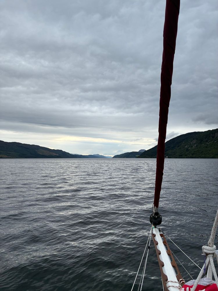 Loch Ness from Indigo’s bow. We just see the bowsprit.