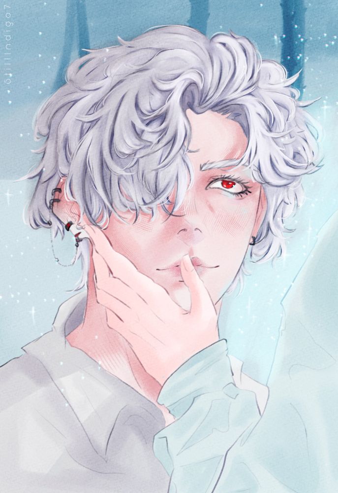 Fanart of Sylus from Love and Deep space in a snowy field looking up at mc smiling.