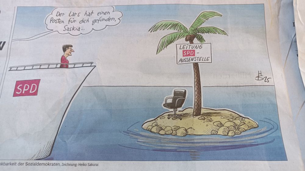 Saskia Esken wird auf einer einsamen Insel "Leitung SPD-Außenstelle" ausgestzt und jemand ruft ihr hinterher, dass der Lars für sie nun einen Posten gefunden habe...