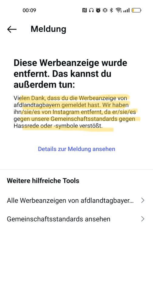 Meta hat eine Werbeanzeige der AfD-Landtagsfraktion Bayern nach meiner Meldung gelöscht. 