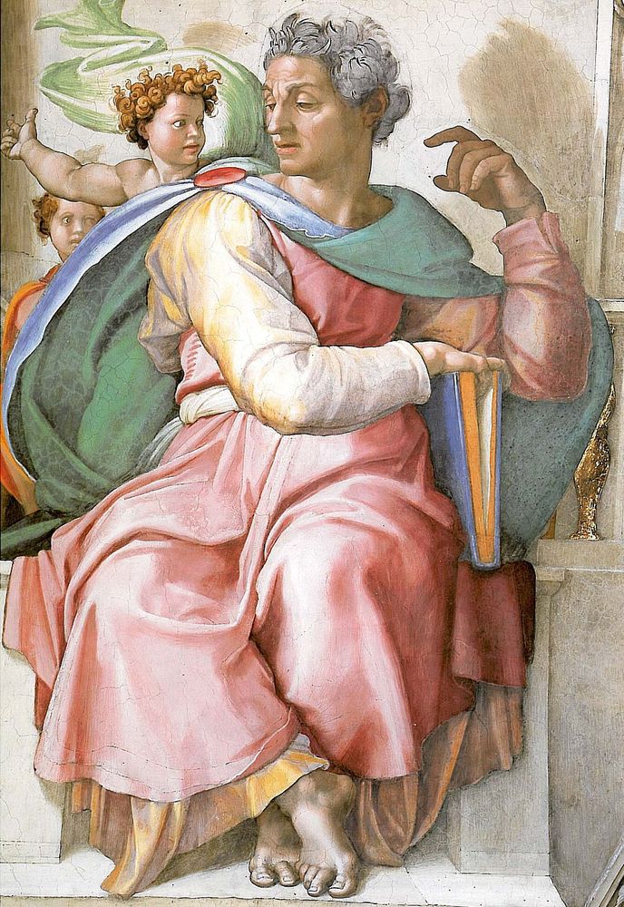 the prophet Isaiah as depicted by Michelangelo in the Sistine Chapel. he's sitting with his left arm raised like uh idk what he's really up to but i think he's supposed to look like casually wise, got a blue book that's probably all the shit he wrote. he's surrounded by little cherub guys that if you look too close at kinda freak me out tbh, like the boys are tweakin on someothing and maybe Isaiah shouldn't be looking so relaxed and sleepy around them, like is little cherub bro gonna whack him with that hand or what