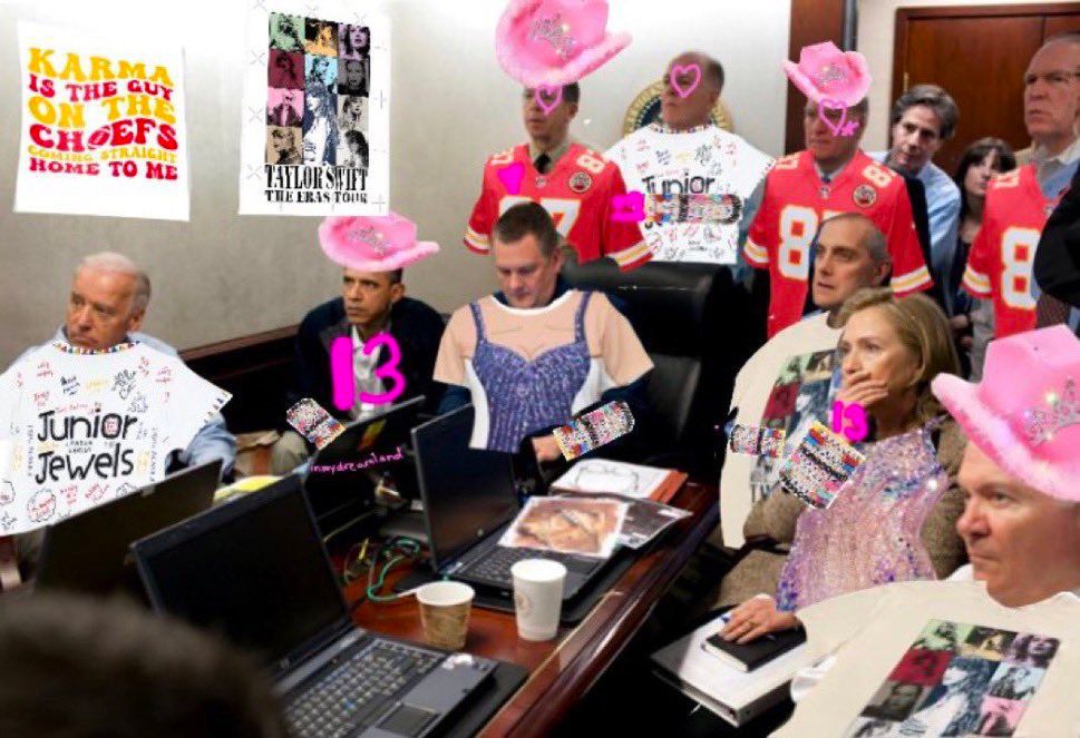 A meme of many politicians in a war room but they have all been edited to be wearing pink cowboy hats and eras tour and chiefs merch