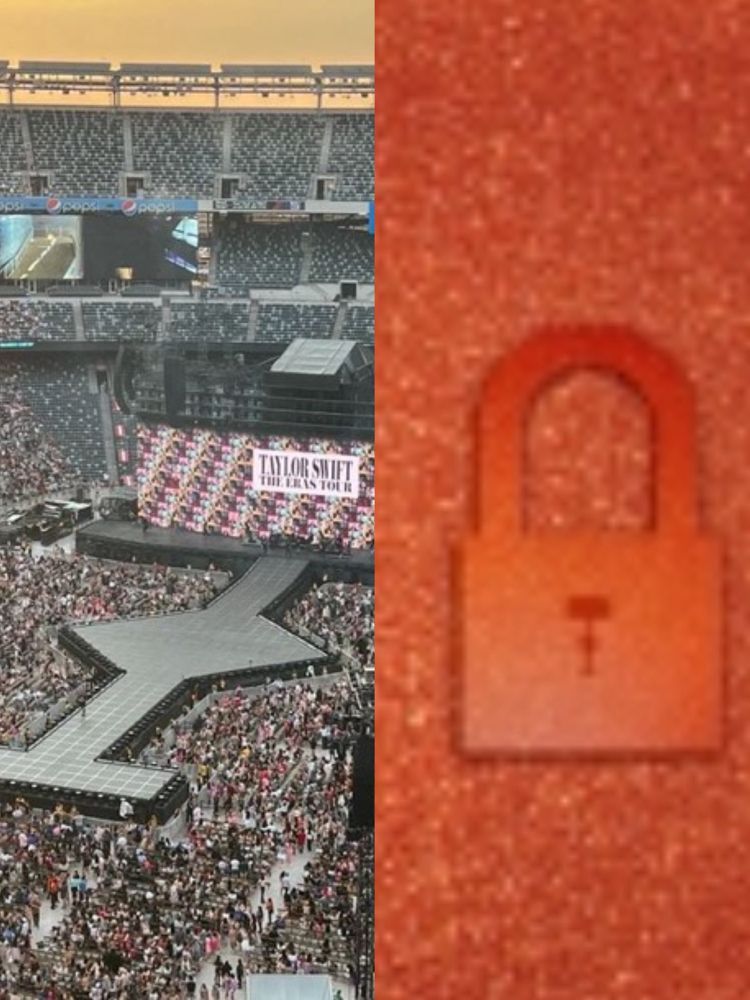 A photo of the eras tour stage edited to be next to a glittery orange lock from Taylor’s website