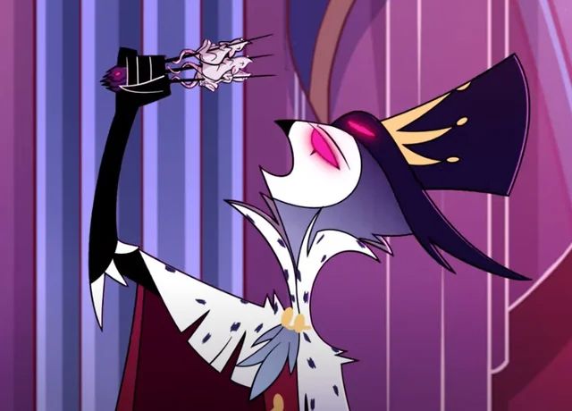 Helluva Boss - Stolas about to eat 3 skewers of mice.