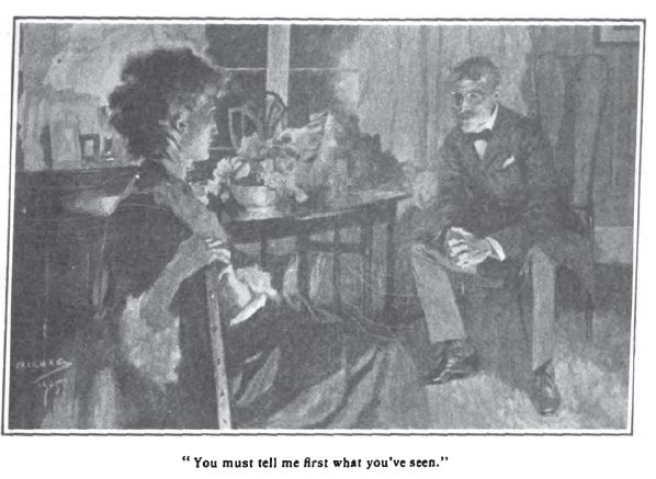 Illustration for E. Nesbit’s “The Portent of the Shadow” which shows a Victorian-era man and woman sitting in a parlor. 