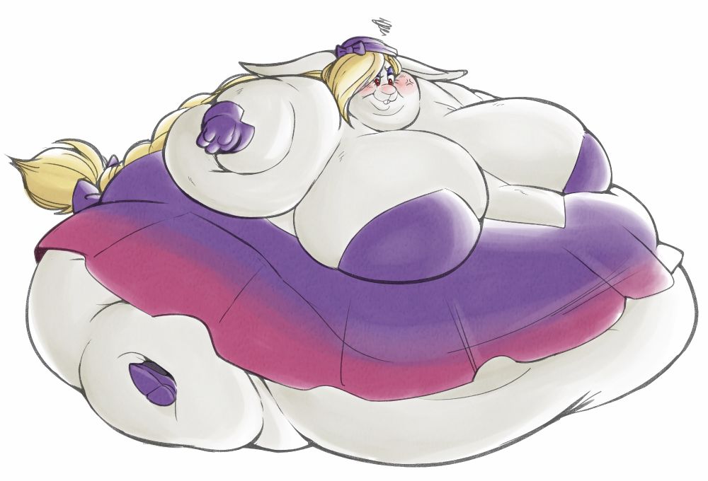 Hariet Broodal from Super Mario Odyssey as a very obese immobile blob. Somehow she's in a fitting version of her dress, but it strains to cover her midsection. Rolls of fat overtake her arms and legs leaving her majorly filled gloves. She's wearing her purple beret, she has a dejected, embarrassed expression