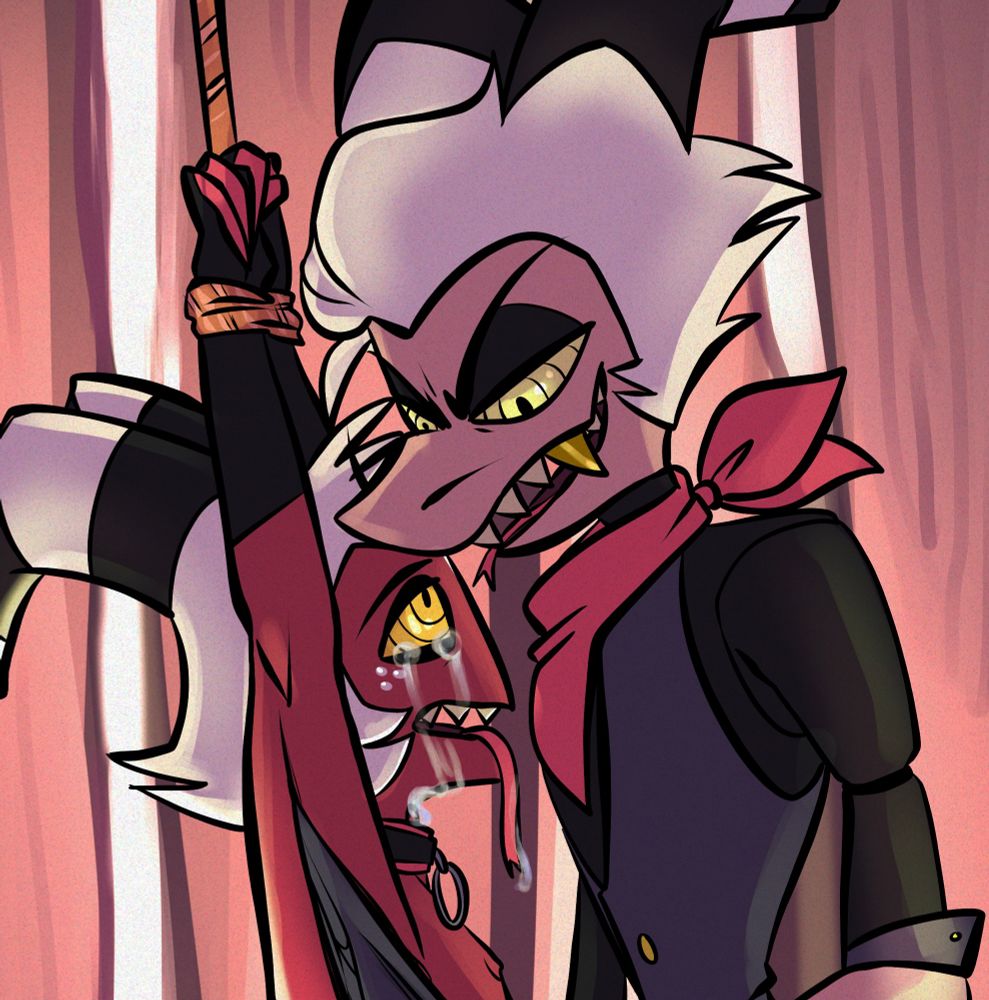 Moxxie tied up by his arms, naked, tongue out and crying. 

Striker is in his personal space, running a knife along Moxxie’s arm. 