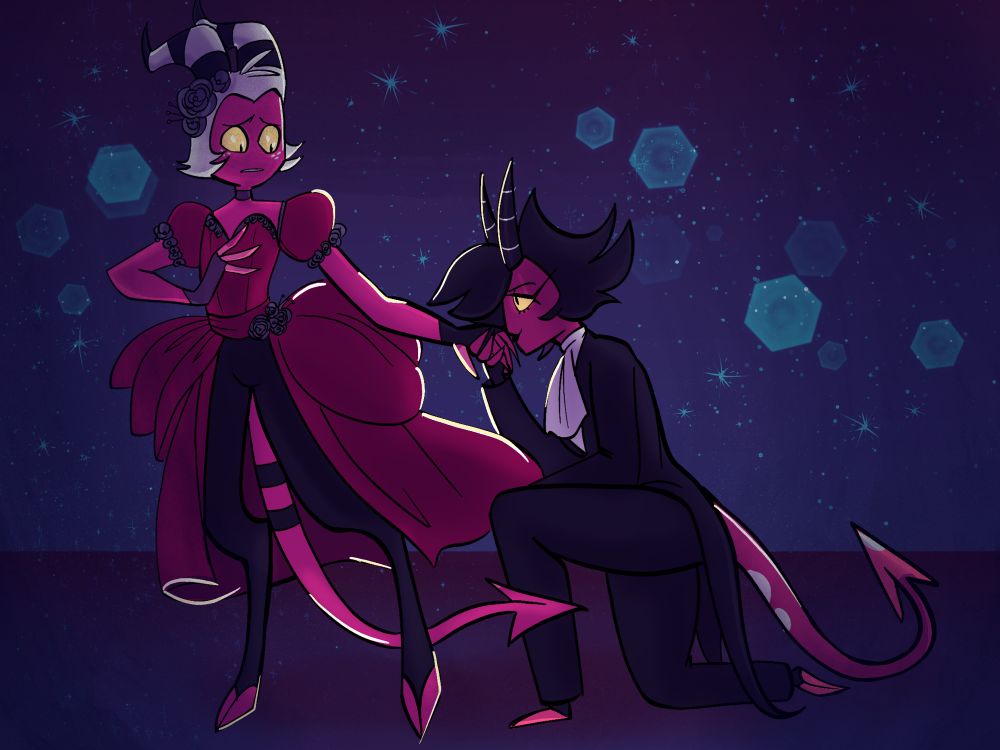 Millie in a tuxedo, kissing Moxxie’s hand. Moxxie is in a ballgown. 