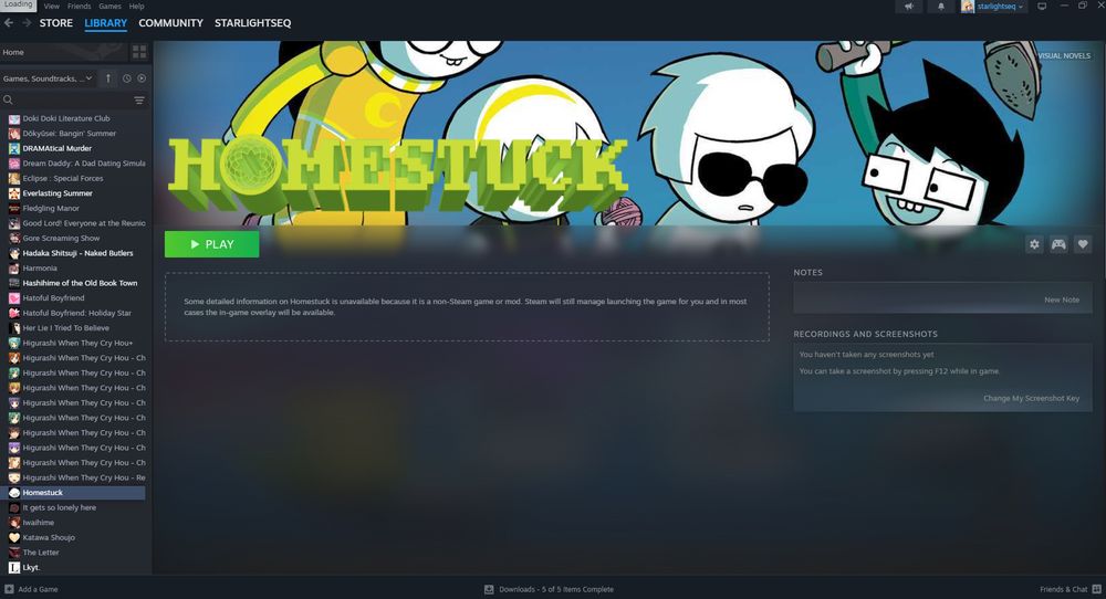 Screenshot of a custom Steam library page for Homestuck. 