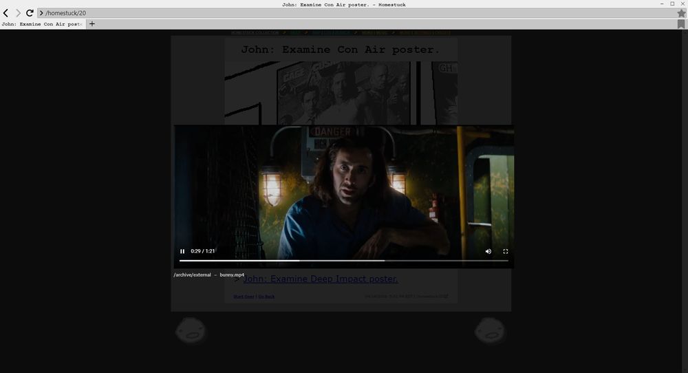 Unofficial Homestuck Collection screenshot featuring a clip of Con Air. 