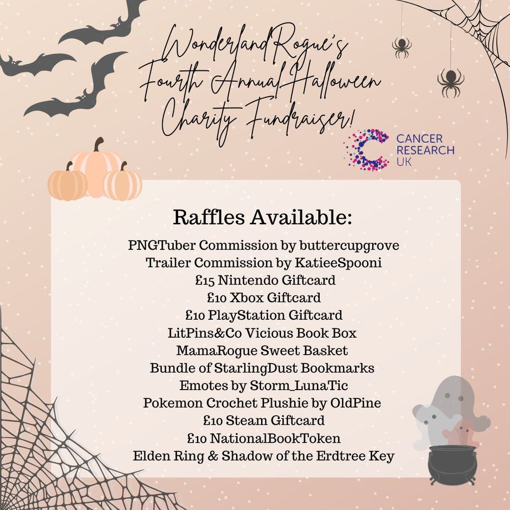 WonderlandRogue Raffles Avaliable Graphic: PNGTuber Commission by buttercupgrove, channel trailer commission by Katieespooni, £15 Nintendo Giftcard, £10 Xbox Giftcard, £10 Playstation Giftcard, LitPins&Co Vicious Collector's Edition Book Box, MamaRogue Sweet Basket, StarlingDust Bookmarks, Emote commissions by Storm_LunaTic, Snorlax Corchet Plushie, £10 Steam Giftcard, £10 NationalBooktoken and Elden Ring/Shadow of the Erdtree Steam Key.