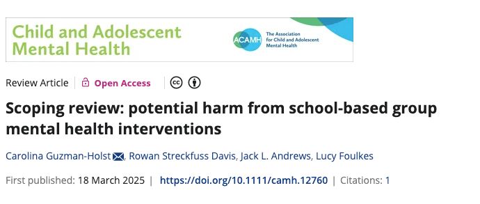 Scoping review: potential harm from school-based group mental health interventions