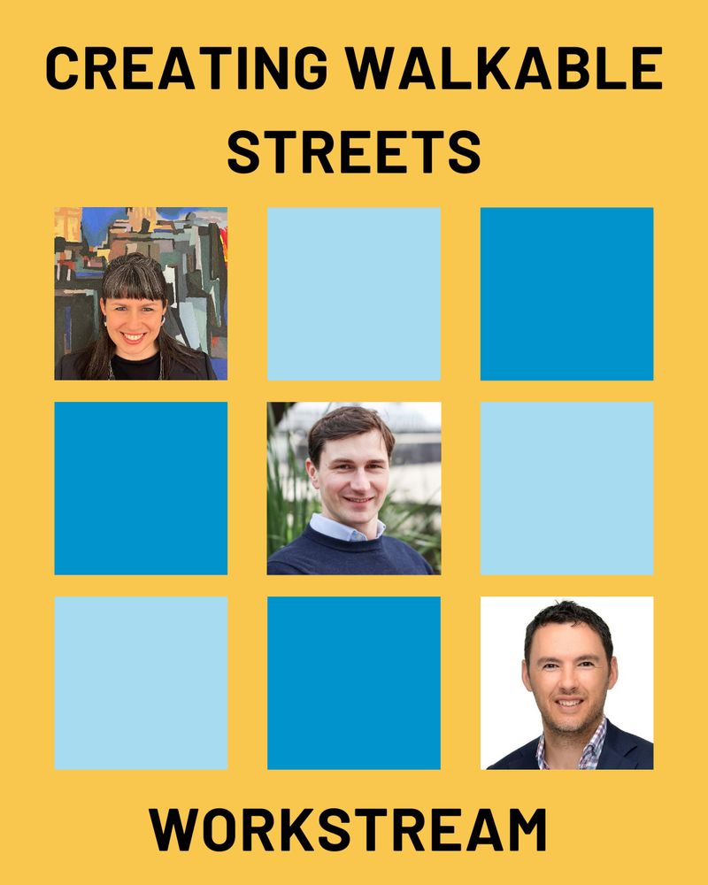 An image of three people, and text that says "CREATING WALKABLE STREETS WORKSTREAM"