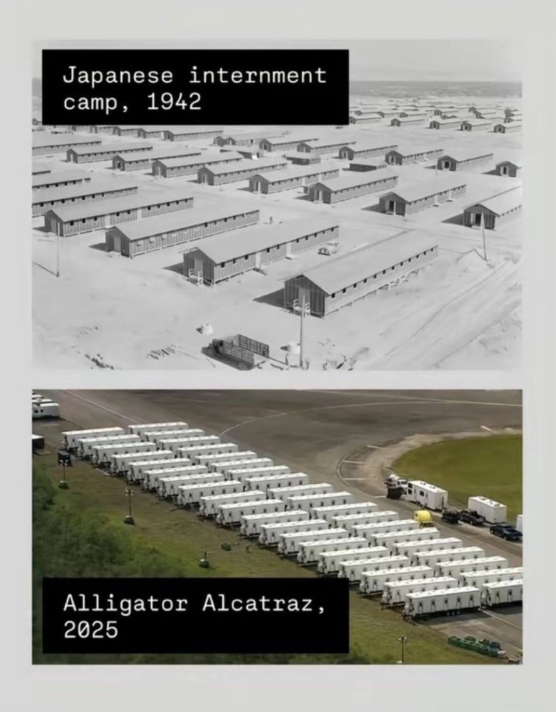 This is a comparison between two photographs. One is of Japanese internment camps in 1942 and the second is alligator Alcatraz 2025.