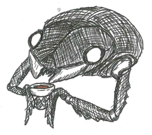 An inked sketch of a bug holding a cup of coffee.