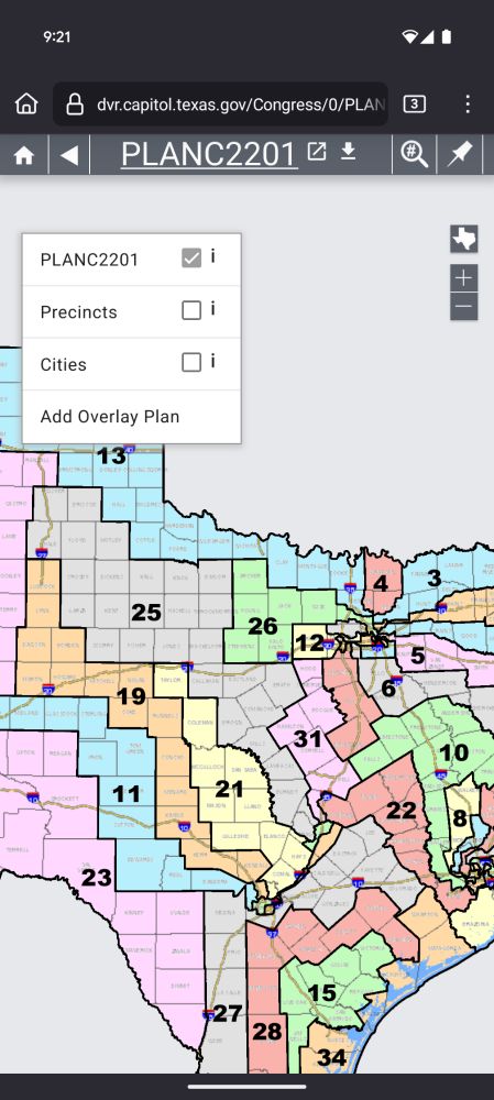 Map showing proposed texas districts in a variety of unexpected shapes that stretch across huge swaths of Texas, carving up cities and grouping them with rural areas. the post is referring to tx25, which is shown encompassing west austin at the southern tip, and goes up to the panhandle of texas