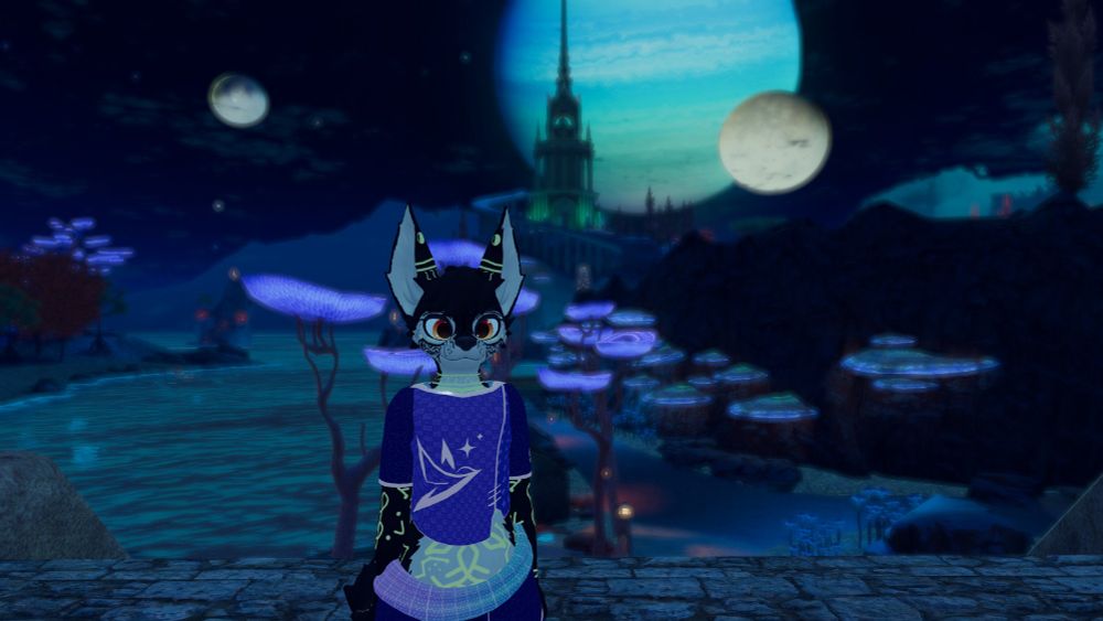 A black/white sylva-fen standing in front of a palace, the fur is covered in yellow glowing constellations/bodypaint. A Oceanscape is visible in the background with multiple other colorful structures nearby.