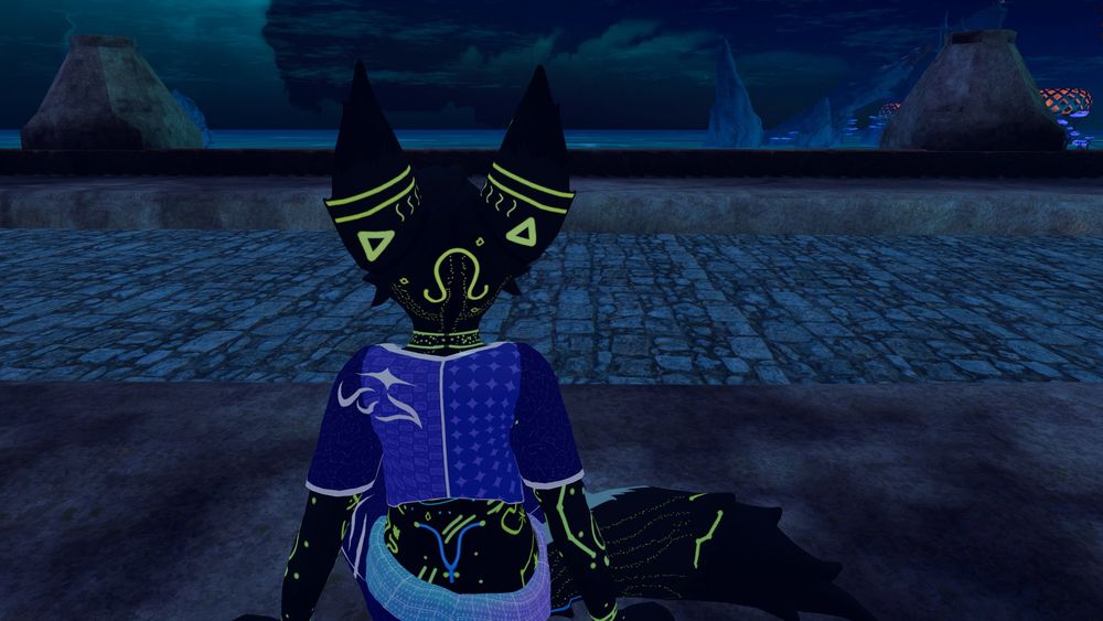A black/white sylva-fen sitting backwards, the fur is covered in yellow glowing constellations/bodypaint. A Oceanscape is visible in the background.
