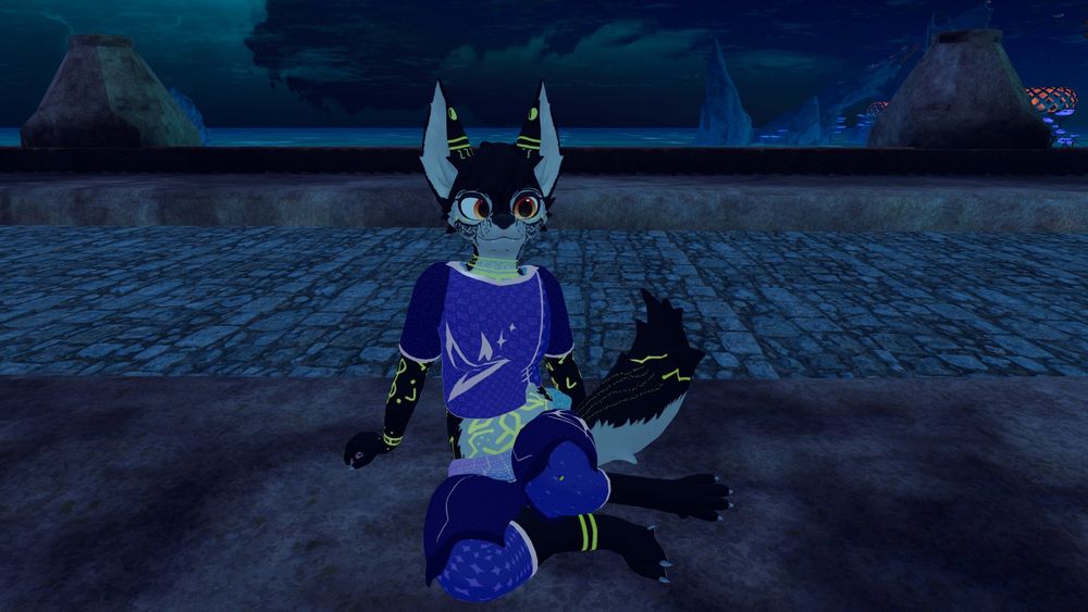 A black/white sylva-fen sitting legs sprawled to the right, the fur is covered in yellow glowing constellations/bodypaint. A Oceanscape is visible in the background.
