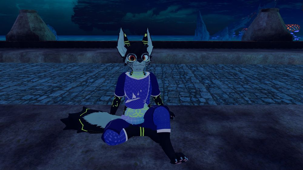 A black/white sylva-fen sitting legs sprawled forward, the fur is covered in yellow glowing constellations/bodypaint. A Oceanscape is visible in the background.