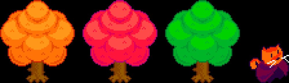 3 sprites of trees with several alternate color palettes.