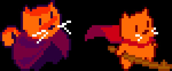 An older sprite depicting an orange cat I made back in 2023 (left). And a newer looking sprite with the same orange cat holding a stick and donning a red cape.