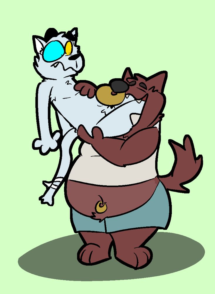 A stocky, anthropomorphic wolf with nose and belly button piercings inserting an anthropomorphic cat paws first into his open maw. 