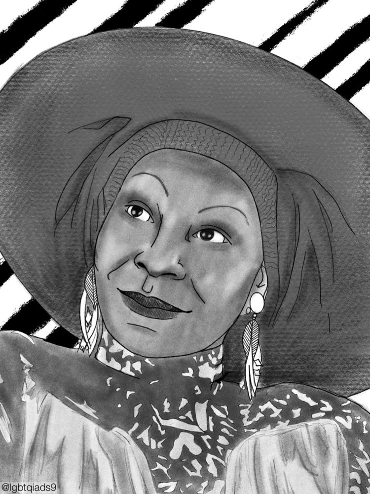 art by Citriqq of a black and white portrait of Whoopi Goldberg as Guinan. She wears a laced patterned dress, a large circular head piece, and metal leaf earrings. She looks off to the left with a kind close lipped smile.