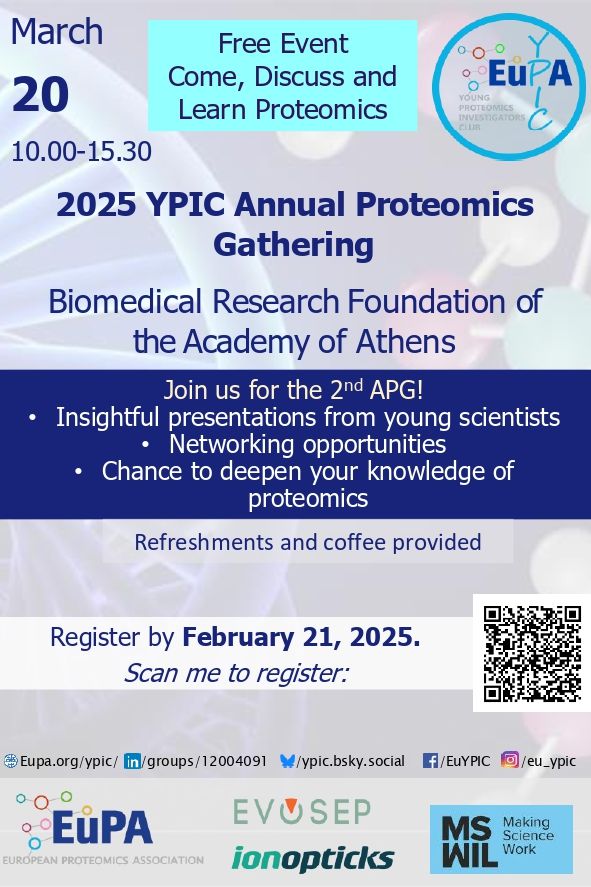 The picture shows the flyer for the 2025 YPIC Annual Proteomics gathering (APG) that takes place on the 20th of March from 10-15:30 o'clock. The 2nd APG includes insightful presentations from young scientists, networking opportunities, and chance to deepen your knowledge of proteomics. There will be refreshments and coffee!